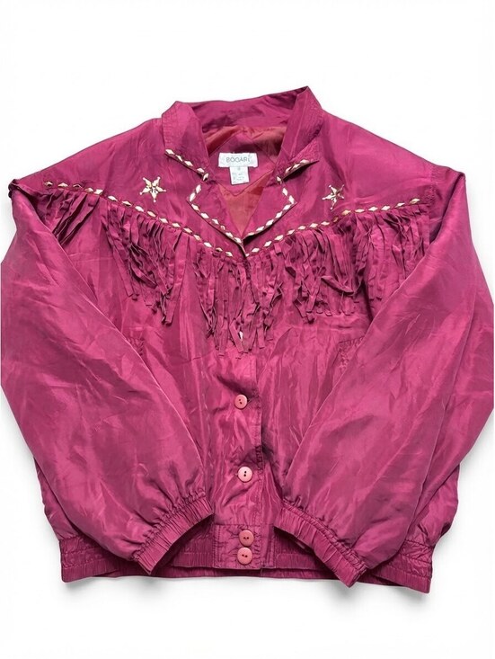 Bogari Jackets & Blazers - Vintage Bogari 100% Silk Western Fringe Bomber Jacket Maroon Ruby Red Size Med